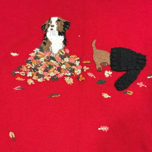 Talbots Vintage Red Knit Cardigan Sweater Dog & Fall Embroidery Small Petite - Picture 6 of 12